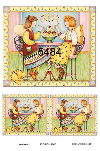 LİNEART 5484 Ice Cream, Dondurma Yiyen Kızlar, Pastane Desen Pirinç Dekopaj 3...