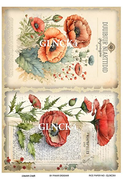 LİNEART سلسلة الخشخاش GLNCK4 - نمط الأزهار، ديكوباج نحاسي أحمر، 30x42