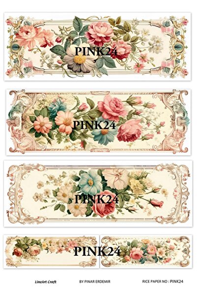 LİNEART Pink Serisi PINK24 Pembe, Çiçek Desenli Pirinç Dekopaj 30x42