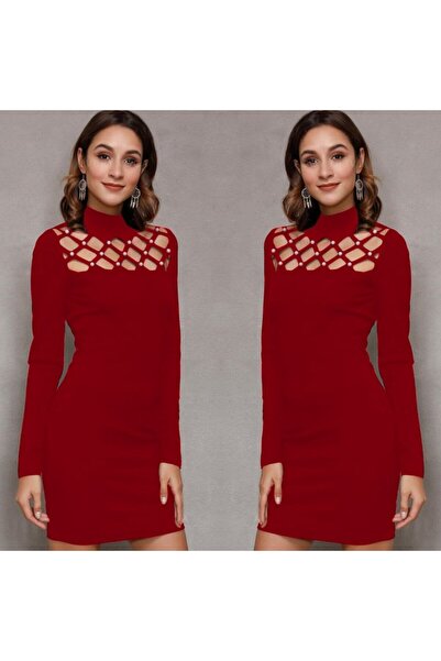 Zühre Women's Long Sleeve Crew Neck Laser Cut Pearl Detail Viscose Two Thread Mini Length Dress