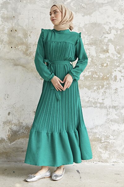 InStyle Ruffle Shoulder Pleated Linen Dress - Green