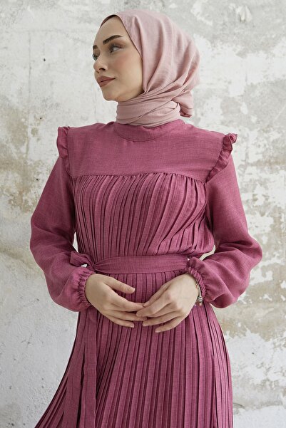 InStyle Ruffle Shoulder Pleated Linen Dress - Fuchsia