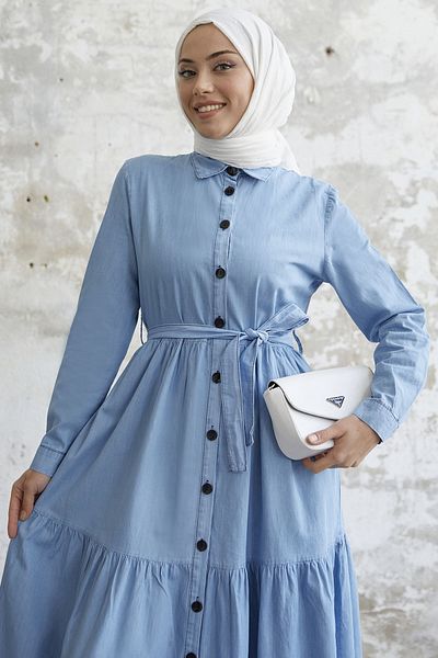 InStyle Shirt Collar Belted Denim Dress - Light Blue