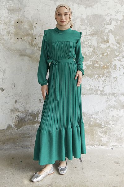 InStyle Φόρεμα από λινό πλισέ ώμου Ruffle - Πράσινο
