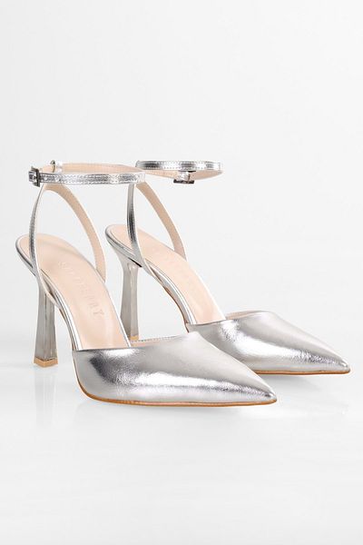 Shoeberry Stiletto cu curele la gleznă, argintiu, strălucitor, Martini