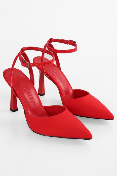 Shoeberry Martini Damen-Stilettos aus rotem Satin mit Knöchelriemen und Gürtel