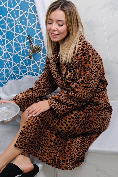 Homelover %100 Organik Pamuk Leopar Desenli Bornoz - Ekstra Yumuşak Salyaka Banyo Bornozu