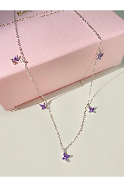 h&b design jewel 925 Ayar Gümüş Mor 5 Kelebekli Kolye