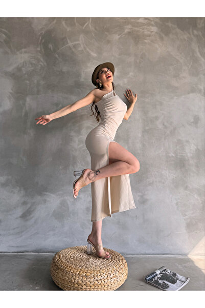 Fav Style Rochie de damă lungă cu un singur umăr cu fante detaliată bej