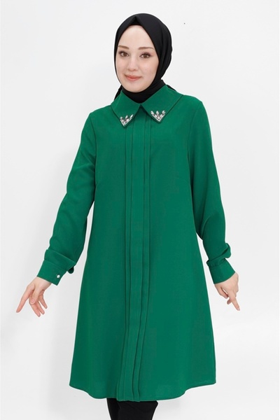 BYCOOLEST BUTİK Yaka Ucu Taşlı Krep Kumaş Tesettür Tunik