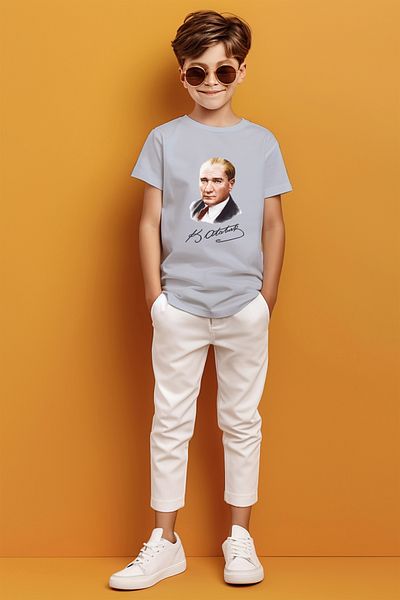 ADABEBEK Tricou cu imprimeu colorat pentru băiat cu semnătura Kemal Atatürk