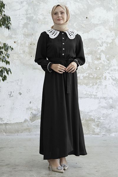 InStyle Βρεφικό φόρεμα με ζώνη με γιακά - Μαύρο