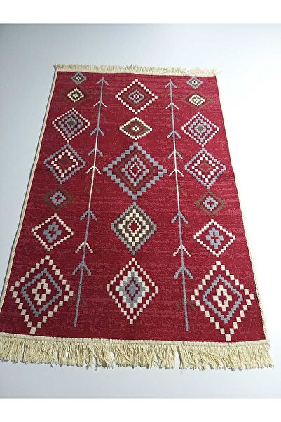 Voho Tekstil Çift Taraflı Halı Kilim Yolluk Astra Kırmızı - Yıkanabilir Saçak...