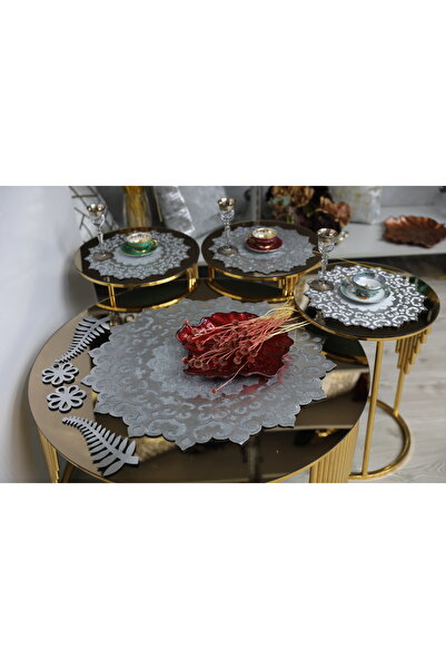 SEHARA Coffee Table Cover Set/1 Ortasehpa Runner (60CM)/3 Pieces (33CM) Cover/grey Velvet/silver Embroidered/4 Pieces