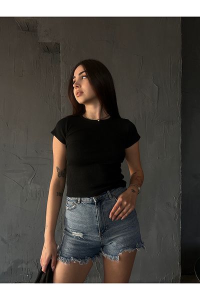Fav Style Γυναικεία μπλούζα με λαιμόκοψη με κοντό μανίκι Camisole Crop Μαύρη