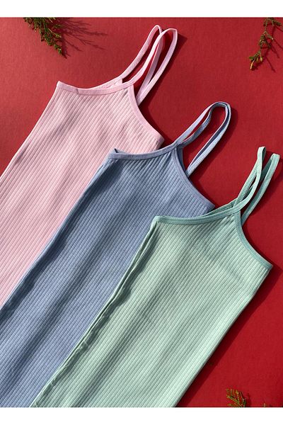 VicTroy Cotton 3-Piece Rope Strap Green, Light Blue and Pink Report Ribbed Women's Tank Top