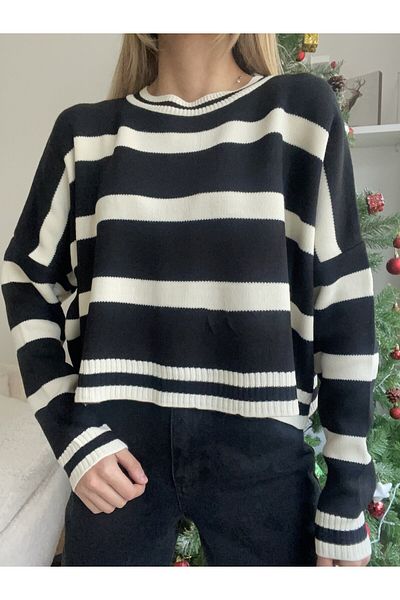 Jose Clothing Negru Bej dungi - Pulover de damă cu mânecă lungă cu textura moale