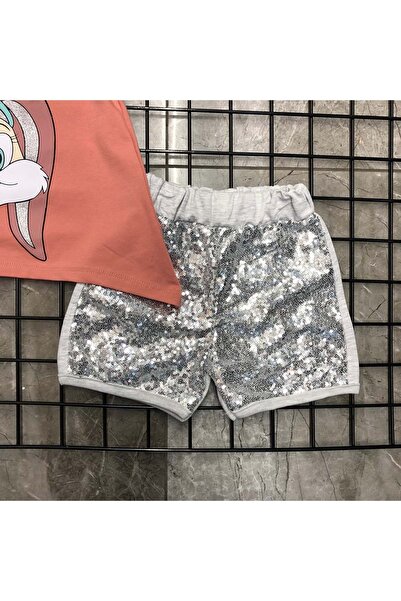 Mnk Rabbit Printed Girls Set with Sequined Shorts, Dusty Rose