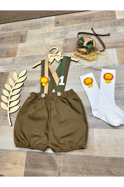 Feriatolye Lion Concept Brown Camel Mold Green Salopet and Bow Tie Socks Set for Baby Boy