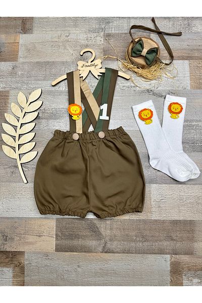 Feriatolye Lion Concept Brown Camel Mold Green Salopet and Bow Tie Socks Set for Baby Boy