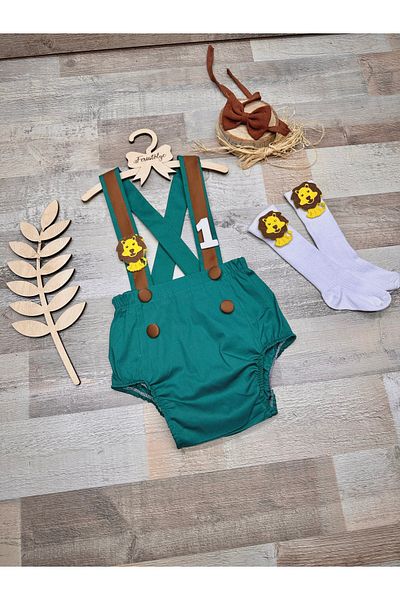 Feriatolye Baby Boy Green Brown Romper - Lion Concept, Birthday Outfit