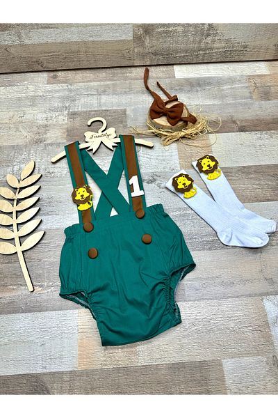Feriatolye Baby Boy Green Brown Romper - Lion Concept, Birthday Outfit