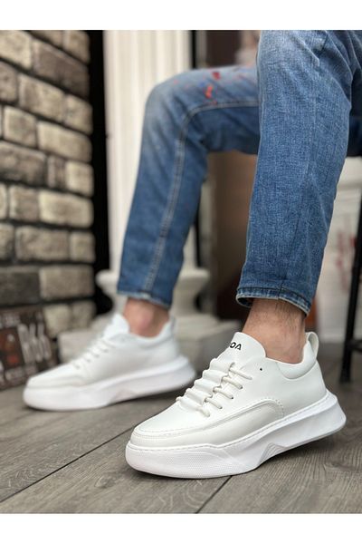 BOA BA0332 Ladder Pattern Lace-Up Men's High Sole White Skin Sports Shoes