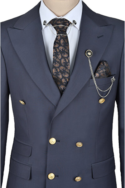 DeepSEA Men's Dark Gray Metal Buttoned Pocket Detailed Slim Fit Double Breasted 2-Piece Suit2300325