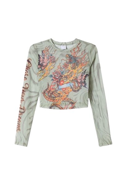 Şahika Gürkan To The Moon & Sun Desenli Transparan Yeşil Tül Crop T-Shirt