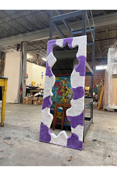 rellhome Tufting Rug Dalgalı Mor Beyaz Desenli El Yapımı Özel Tasarım Boy Aynası