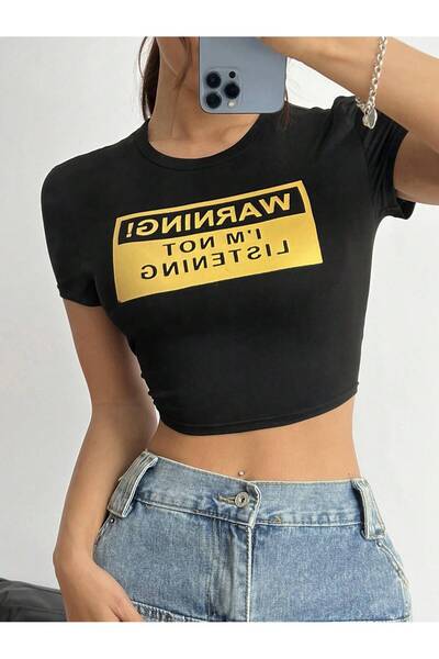 Jose Clothing Γυναικεία κοντομάνικη μπλούζα από οργανικό βαμβάκι με μαύρη στάμπα