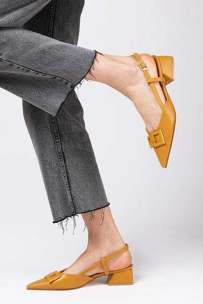 Mio Gusto Alyssa Mustard Color Open Back Side Buckle Short Heeled Women's Shoes