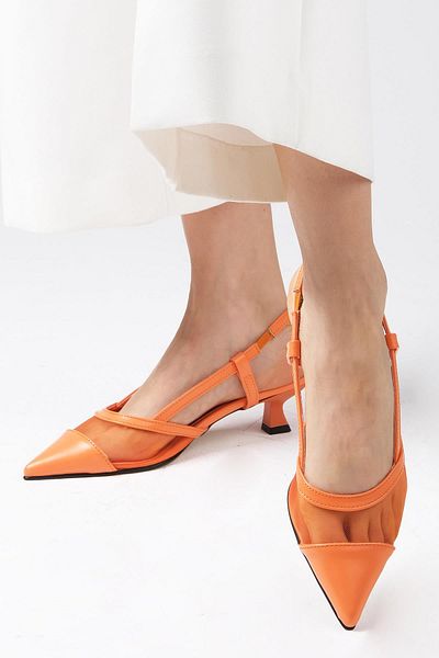 Mio Gusto Diane Orange Color Mesh Detailed Open Back Short Heeled Women's Shoes