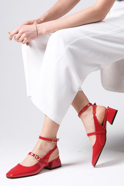 Mio Gusto Audrey Red Color Patent Leather Open Back Short Heeled Women's Shoes