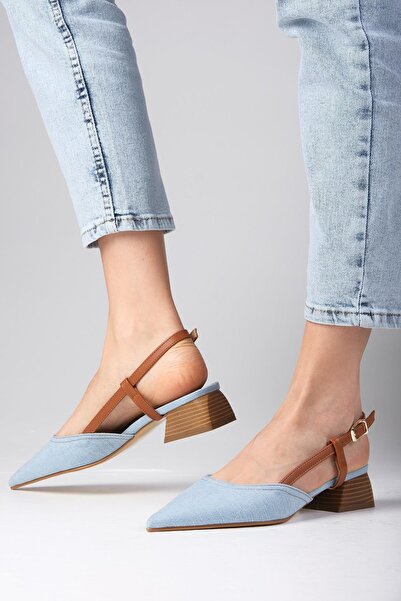 Mio Gusto Pantofi de damă cu toc scurt din țesătură din denim Carly Blue