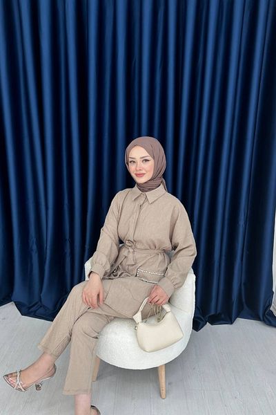 lurex moda بدلة جاكار من القماش مع تفاصيل حجرية