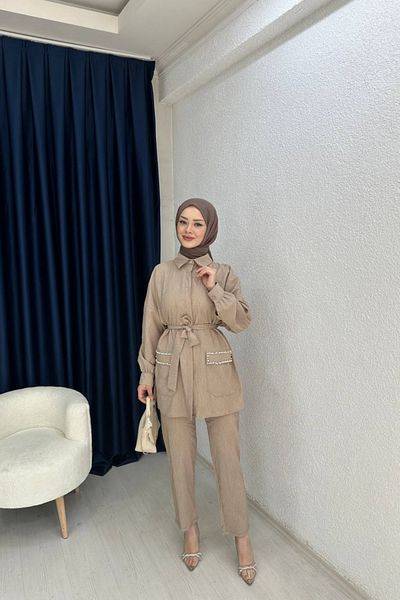 lurex moda بدلة جاكار من القماش مع تفاصيل حجرية