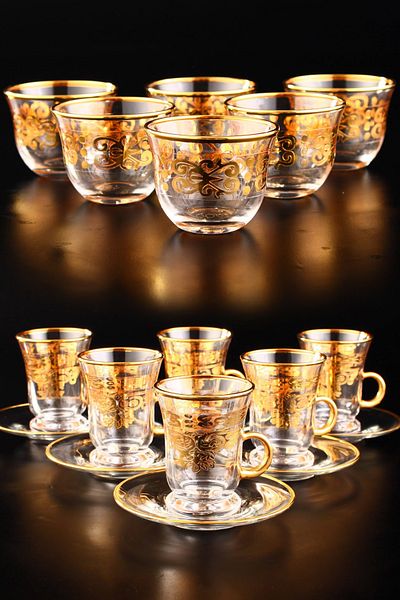 Digithome Gawa Tea Glass Set of 6 Handles 18 Pieces Glass Tea Cup Set Gold Gilded – C320.0