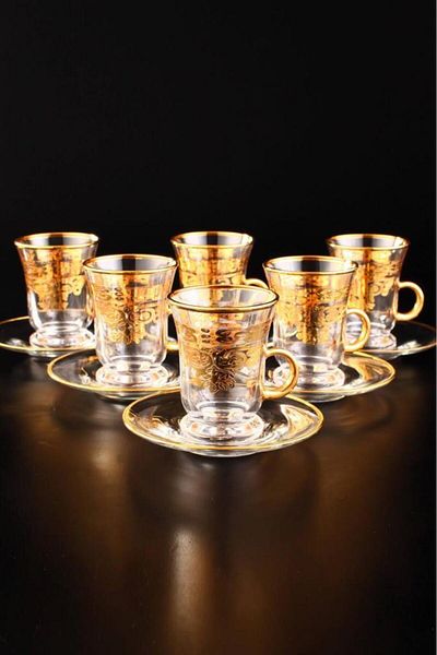 Digithome Gawa Tea Glass Set of 6 Handles 18 Pieces Glass Tea Cup Set Gold Gilded – C320.0