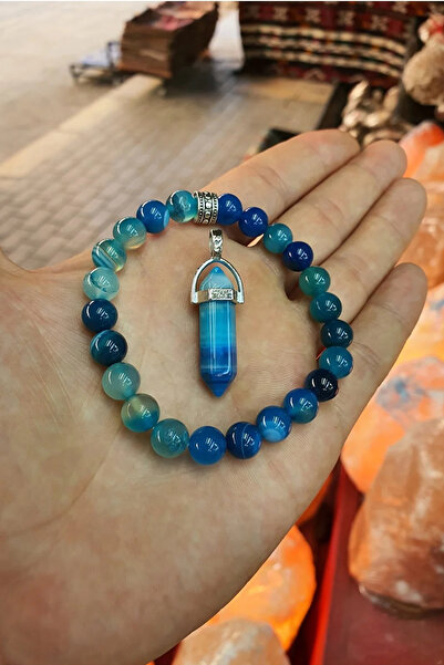 NBS Beautiful Naturel Stones العقيق الأزرق (مع قلادة هدية) سوار من الحجر الطب...