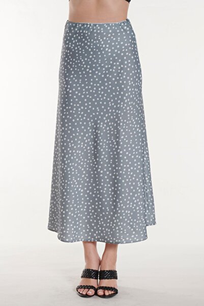 SOLİLDE Fusta lungă din satin cu buline albastre