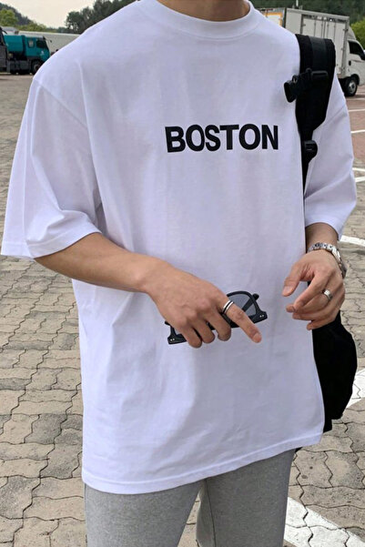 Rokeby Βαμβακερό χτενισμένο ύφασμα Oversize Boston εμπριμέ λευκό μπλουζάκι