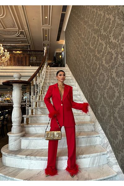 LOVEOFZI Women's Red Tasseled Trousers & Jacket Set