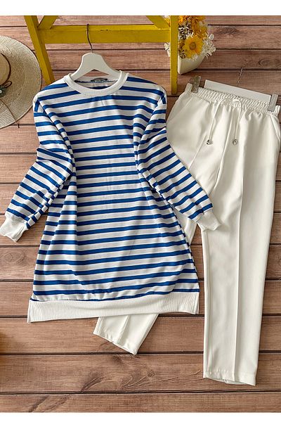 MODAQU Combination-Striped Tunic and Trousers Set - Blue