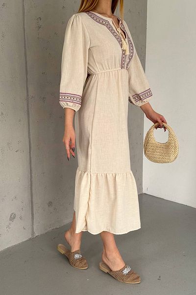 Neşeli Butik rochie de in marime midi broderie bej pentru femei NBK2014