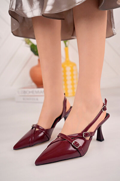 ŞIK STORE Pointed Toe Two-Strap Buckle CORNERED HEEL Claret Red Patent Leather Women's Classic Heeled (9CM) Shoes