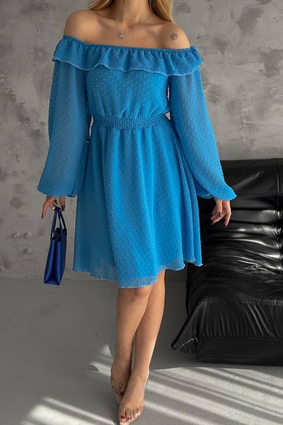 Neşeli Butik γυναικείο μπλε γιακά μαντόνα μίνι φόρεμα σιφόν NBK2057