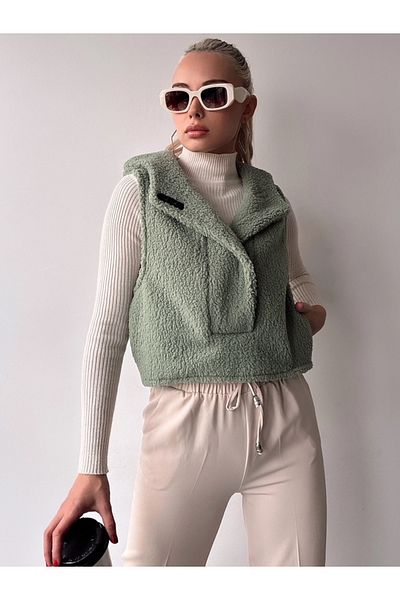 MAMAYAGA Women's Hooded Pocket Design Collar Sports Stylish Mint Green Plush Vest