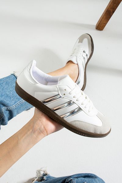 Wenti Shoes Martin Daily White Silver Detailed Lace Up Women's Sports Shoes