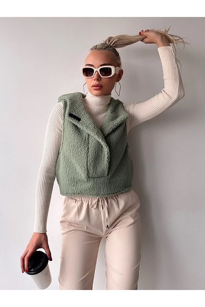 MAMAYAGA Women's Hooded Pocket Design Collar Sports Stylish Mint Green Plush Vest